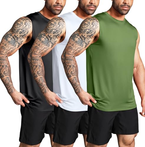 Boyzn Lot de 3 débardeurs pour homme - Pour entraînement, fitness, bodybuilding - Séchage rapide - Sans manches, Lot de 3 t-shirts noir/blanc/vert armée, XL