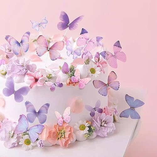 ENLACE 16 Stück Schmetterlinge Torten Deko, 3D Schmetterling Tortendeko mit Kristall, Schmetterlinge Kuchen Deko für Geburtstag Party Mädchen Hochzeitstorte Deko Babyparty, Gemischte Lila
