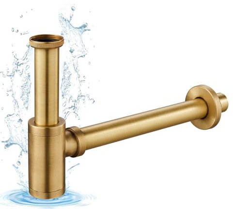KINKIBOS Sifone a bottiglia universale per lavabo e lavabo, apertura nascosta per la pulizia, trappola per odori, sifone regolabile 1 1/4 x 32 mm, tubo di scarico in ottone anticato