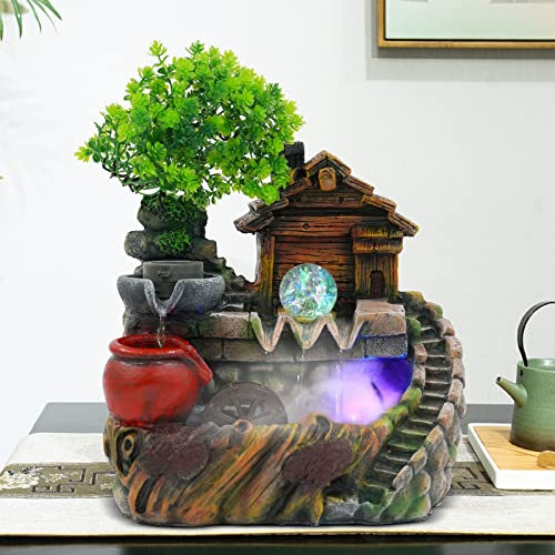 Fontaine d'intérieur - Fontaine avec boule de cristal LED et atomiseur - Fontaine de table avec plantes - Décoration de fontaine pour salon, bureau