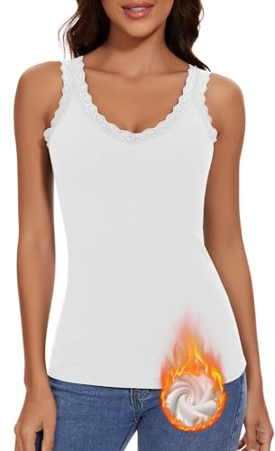 WOWENY Débardeur Thermique pour Femme Camisole avec Maillot de Corps en Dentelle Cami Chaud Col en V Polaire Haut sans Manches en Dentelle élégante