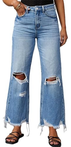 cffvdiz Women's Ripped Bell Bottom Jeans High-Rise Distressed Raw Edge Hem Boyfriend Wide Leg Denim Pants,Blue,L