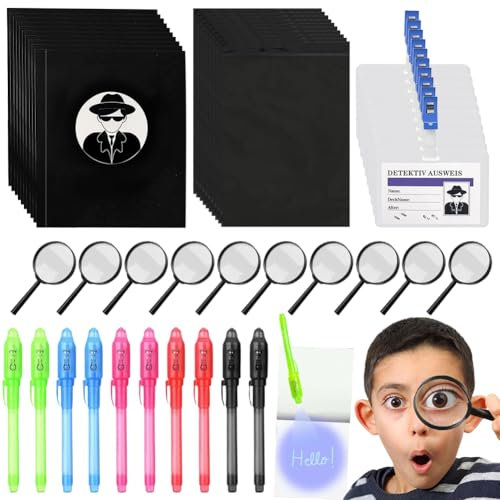 CEWROM Kit Détective Enfant 50 Pièces, Loupes de Détective pour Enfants, Stylo Encre Invisible, Carnet de Notes, Cartes D'identité de Détective, pour Enfant Garçon Fille Jeu de Rôle
