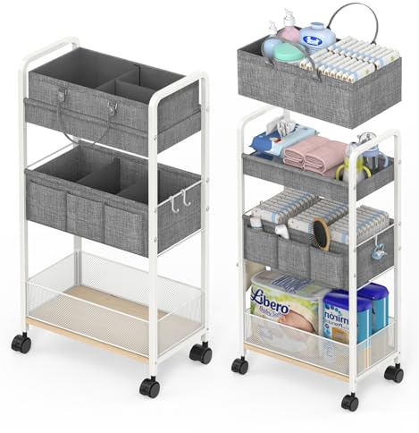 2In1 Baby Diaper Caddy & 3-Tier Rolling Diaper Cart, Diaper Caddy Organizer Cart with Dividers, Metal Detachable Bedside Cart for Baby Nursery Essentials, Large Capacity, Easy to Assemble, White