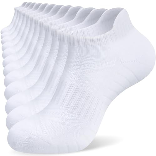 SockWaddles Trainer Socks for Men Women, Anti-Blister Cushioned Ankle Running, Breathable Cotton Sports, 6 Pairs White 9-11