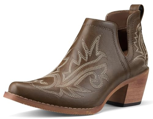 Rollda Cowboy Ankle Booties for Women, Cowgirl Short Boots with Chunky Stack Heels, V Cutout Ladies Western Booties for Cowboy Chic Style, Bronze, Size 10
