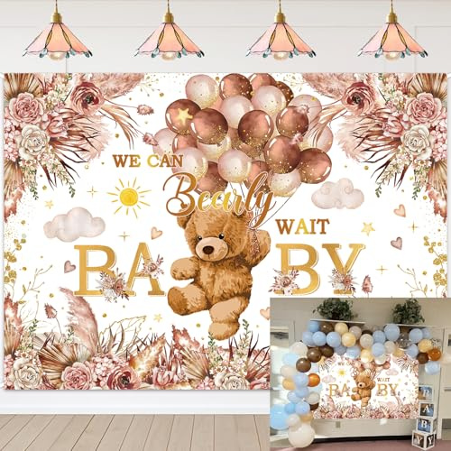 We Can Bearly Wait Baby Shower toile de fond bohème florale ours baby shower décoration bannière nouveau-né accessoires photo fond (1,8 x 1,2 m : 180 x 120 cm)