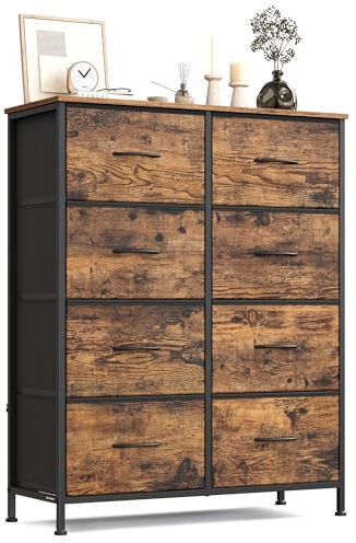 SONGMICS Kommode, Schrank, 8 Stoffschubladen, Aufbewahrungsschrank, Stahl, MDF, Vliesstoff, für Schlafzimmer, Flur, Wohnzimmer, vintagebraun-tintenschwarz LGS124BH04