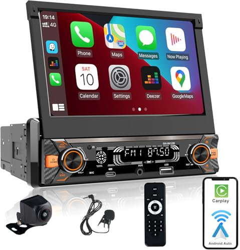 Alondy Autoradio 1 Din con Schermo (7 Retrattile Automatico) Compatibile con [Wireless] Apple CarPlay Android Auto Bluetooth AM/FM/RDS Radio USB (Type-C carica rapida 3A) AUX SD telecamera di backup