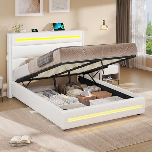 KIMENICH Lit Coffre 140x190 à LED, Lits Hydraulique avec Multiprise, Lit Double 140x190 avec Étagère Ouverte et Poches Latérales, Cadre de Lits avec Sommier à Lattes en Bois, Capitonné en PU Blanc