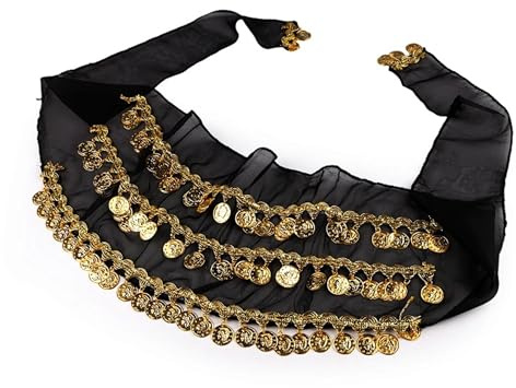Belly Dance Hip Scarf, Belly Dancing Skirt Hip Scarves with Dangling Gold Coins for Performance Costume Belly Dance Yoga Class (Black)