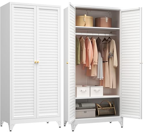 Polup Metal Armoire Wardrobe Closet with Doors, 71 Tall White Wardrobe Cabinet with Hanging Rod and Adjustable Shelves, Steel Clothing Storage Cabinet for Bedroom, School, Employee, Gym, Office
