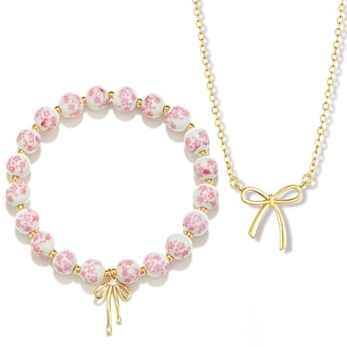 Collana con Fiocco Oro, Bracciale Perline Porcellana, Catenina con Pendente Fiocco e Bracciale con Perline, Gioielli per Regalo Donne Ragazze (A)