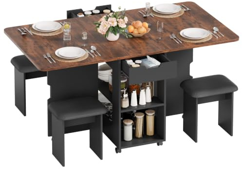 Mondeer Table à Manger Pliante avec 4 chaises, pour Petits Espaces | Ensemble Table et Chaises de Salle à Manger avec 4 Chaises Rembourrées, 2 Tiroirs et 2 Étagères de Rangement