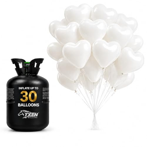 TXEN 7L Disposable Helium Tank, Portable Balloon Helium Cylinder, Fills Up to 30 Latex Balloons, Includes 50 White Heart Balloons and Ribbon, Easy, Fast, No Refill, Party Ready