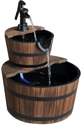 Outsunny Wood Freestanding Fountain with 2 Tier Waterfall Barrel, Electric Pump for Garden Decor, Lawn, Backyard