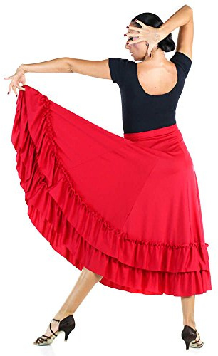 Danzcue Adult 2 Ruffles Flamenco Dance Skirt, Red, Medium