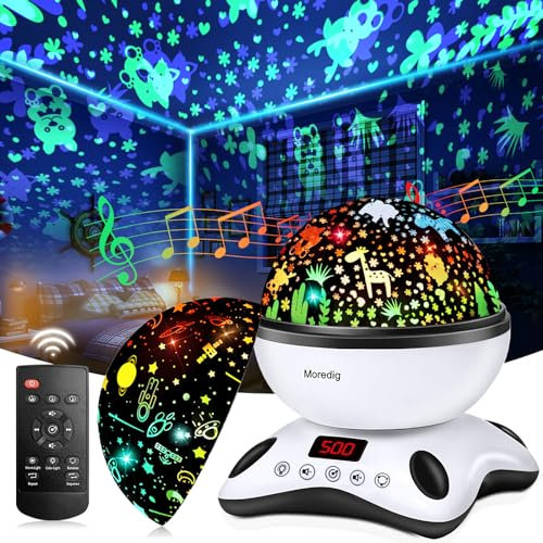 Moredig Veilleuse Musicale et Lumineuse, Veilleuse Projecteur Bebe, Enfant + 8 Couleurs + Minutage + Télécommande, Veilleuse Bébé pour Anniversaire/Cadeau Noel- Noir et Blanc