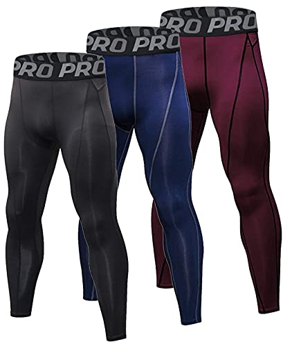 Minghe Men's 3 Pack Compression Cool Dry Base Layer Sports Running Cycling Workout Athletic Training Gym Pants, Black+wine Red+navy Blue, XL