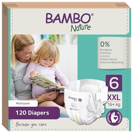 Bambo Nature Premium Eco Windeln, nachhaltige Windeln mit Umweltzeichen, verbesserter Auslaufschutz, sichere und bequeme Babywindeln, sicher und bequem - Windeln Größe 6 (16+ kg), XXL, 120 Pck