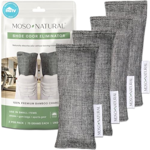 Moso Natural Shoe Deodorizer Inserts, Charcoal Odor Absorber for Shoes, Gym Bag & Boot Deodorizer, Long-Lasting Shoe Odor Elimination, Unscented Air Purifying Bags (Two Per Pack. 4 Total)