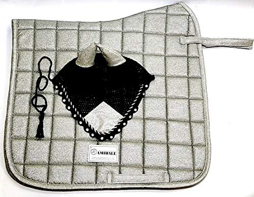 Amidale Pro Sport Luxury Glittery Synthetic Leather Dressage Saddle Pads Numnah with Matching Fly Veil SILVER