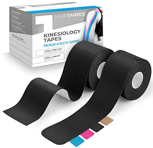 sportanics® Kinesiologie Tape - Kinesiotapes 1x Endlos 500x5cm & 1x Vorgeschnitten 25 Stück (20x5cm), Extra Elastisch & Wasserfest, Sport-Tape, Physio-Tapes für die Muskeln, Schwarz [2 Rollen]