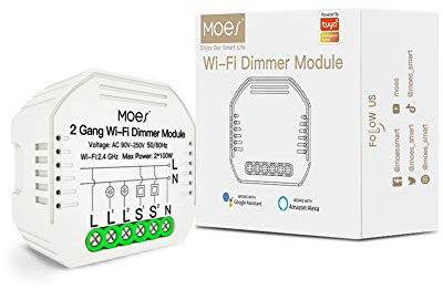 MOES Wlan Mini Smart Alexa Dimmer Lichtschalter 2 Gang Relais Modul, WiFi Funk Schalter LED Unterputz Kompatibel mit Smart Life Tuya App Fernbedienung, Amazon Alexa Google Home, Nur 2,4GHz Netzwerk