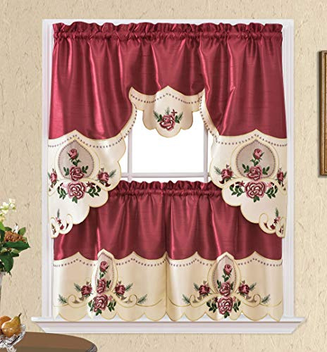 GOHD Rose Melody. 3pcs Kitchen Cafe Curtain Set.Farmhouse Swag and 24 inches Tiers Set for Small Windows. Nice Matching Color Rose Embroidery on Border and Inserted Organza. (Burgundy)