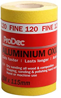 ProDec Rouleau de 5 m de papier abrasif jaune, oxyde d’aluminium, grain 120 fin pour poncer bois, peinture, joints, métal et plus, papier abrasif compatible avec les ponceuses électriques