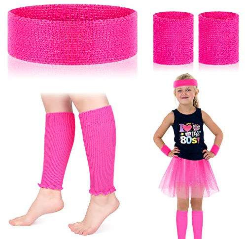 BBTO Scaldamuscoli per Ragazze Anni '80 Set di Accessori Neon Anni '80 Scaldamuscoli in Maglia Fascia e Polsini Abito in Maschera per Costumi da Festa (Rosa, Rosa Rossa)