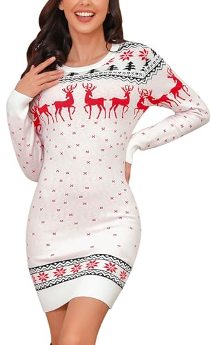 Irevial Vestito in Maglione Donna Natale Abito in Maglia Invernale Vestiti Maglione a Manica Lunga Moda Abiti Aderente Caldo con Fiocco di Neve e Renna, Bianco S