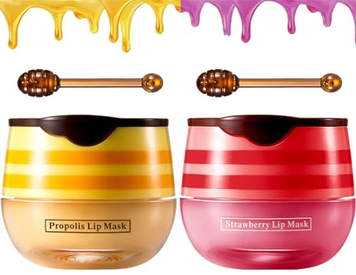 Honey Lip Balm with Stick UK Honey Bee Lip Balm Pot, Moisture Propolis Lip Mask for Dry Cracked Lips, Bee Wax Lip Scrub Exfoliator with Brush for Dark Lips (Propolis+Strawberry)