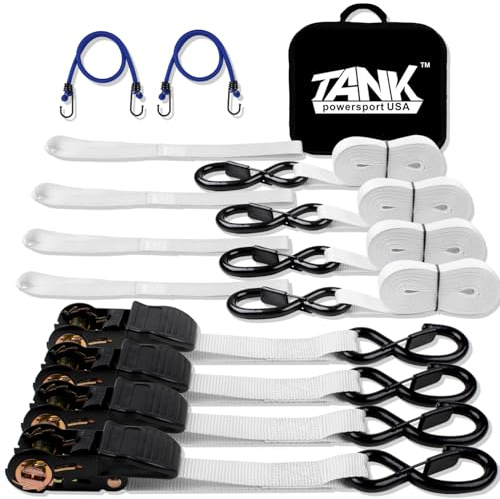 2200LB Heavy Duty Ratchet Straps(4 Pack), Tankpower Tie Down Straps Set for Truck ATV UTV Moving Trailer Dirt Bike Motorcycle Car Roof Rack - White