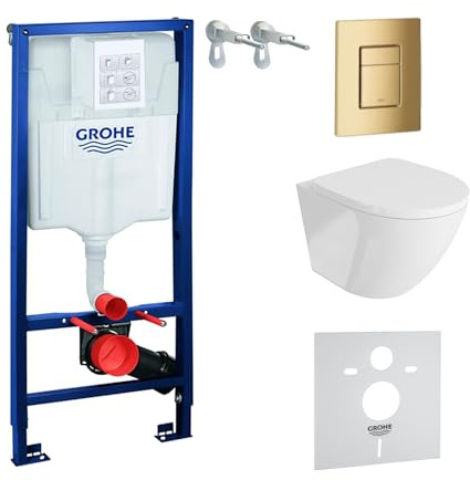 Elemento da parete Solido + parete sospesa WC Sofi, bianco senza bordi e sedile WC SoftClose, pulsante dorato, set completo, cassetta di risciacquo da incasso, set completo