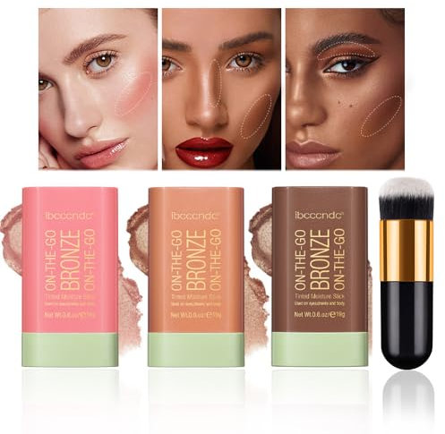 MKNZOME 3PCS Colorete en Crema Contour Stick Iluminador En Stick, Contouring Colorete en Barra Creamy Stick Blush Contorno Maquillaje Iluminadores de Maquillaje with Brush, Larga Duración