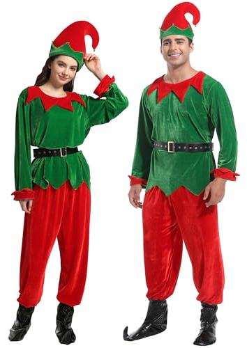 JESOHO Costume da elfo unisex per adulti, costume natalizio, top verde, pantaloni rossi, cintura, cappello, copriscarpe (Taglia: S, M, L, XL, XXL), Rosso, XXL