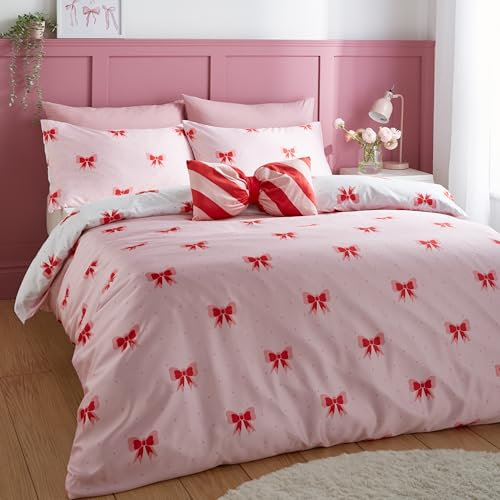 Sassy B Dotty Bows Soft Microfibre Reversible Double Duvet Cover Set with Pillowcases Pink
