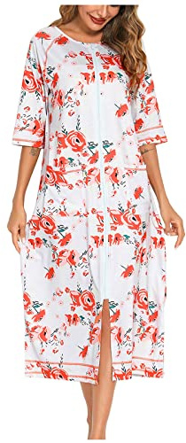 NSICBMNO Robe de chambre florale légère pour femme - Longue fermeture éclair - Manches 3/4 - Col rond - Vêtements de nuit