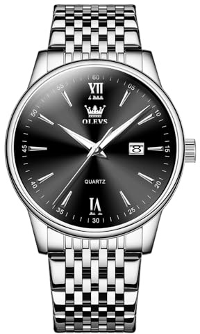 OLEVS Relojes para Hombre Analógico Cuarzo Luminoso Resistente Agua con Fecha Reloj Oro Plateado Acero Inoxidable Reloj Clásico Negocios Elegante Sencillez Números Romanos para Hombres Esfera Negro
