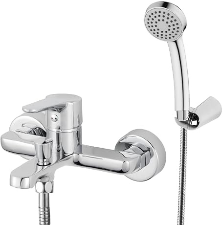 HOMSSY Grifo Monomando para Bañera de Latón con Acabado en Cromo, Montaje en Pared con Salida para Ducha, Diseño Estilizado, Incluye Monomando con Flexo, Soporte y Mango.