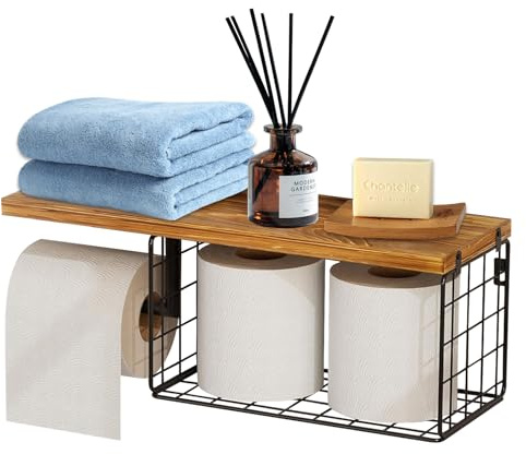 Portarrollos de Papel Higienico con Estante de Madera, Portar Rollos con Cesta para Toallitas Húmedas, Soporte Papel Higiénico de Pared, Fijación Tornillos, Accesorios Baño