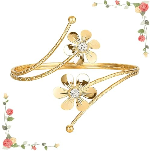 louuuou Gold Arm Cuff Upper Arm Bracelet Upper Arms, Arms Cuff Gold Jewellery for Women, Adjustable Bangles with Floral for Girls Women Boho Jewelry Golden Armreif Suitable for Daily Wear