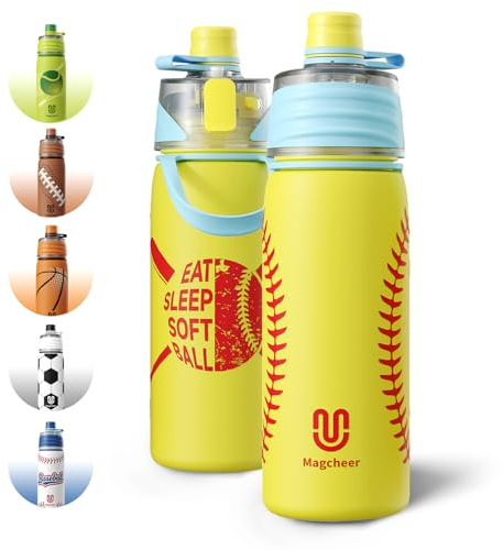 Magcheer Softball Water Bottle - 20oz Insulated Misting Water Bottles Stainless Steel 3D Textured - Softball Accessories Gift for Kids