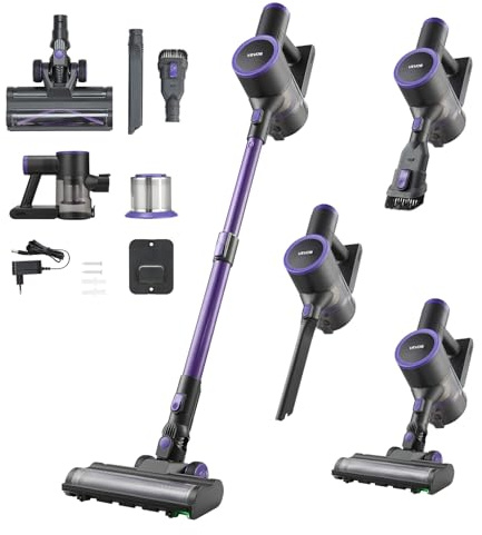 VEVOR Aspirateur Balai sans Fil à Aspiration Puissante 25 kPa, Aspirateur Laveur Rechargeable Anti-enchevêtrement avec Bac à Poussière, Léger avec Autonomie de 35 Minutes, pour Tapis Poils Sols Durs