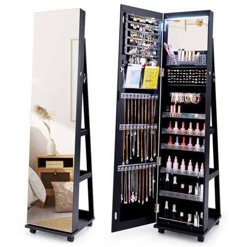 GOPLUS Armoire à Bijoux avec Miroir, Organisateur de Rangement pour Cosmétiques avec Serrure, Lumières led 3 Couleurs, Miroir de Courtoisie Intégré, Roulettes, Autoportant (Noir)