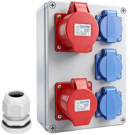 Distribuidor de corriente con caja de fusibles, enchufe CEE de alta corriente 16 A y 32 A, IP44, resistente al agua, enchufe industrial para obras, taller y jardín, distribuidor de pared