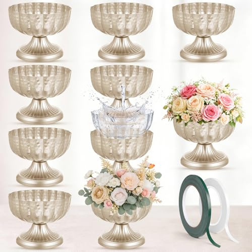 Ninehaoou 10 Pcs Metal Silver Compote Bowl Vase for Centerpiece 7.8'' Wide 6.3'' High Compote Pedestal Vases Champagne Flower Holder Indoor Outdoor for Wedding Birthday Home Party Decoration