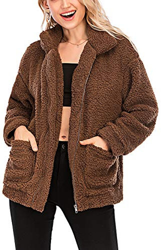 Womens Warm Casual Fleece Faux Fur Jacket Oversized Fuzzy Faux Fur Winter Coat for Women Long Sleeve Zipper Coats Outwear Dark Brown Medium