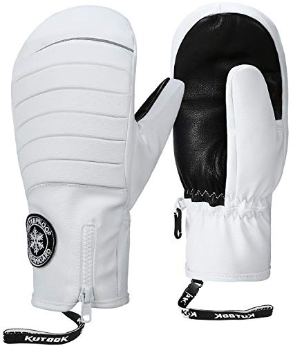 KUTOOK Gants de Ski Homme Femme Hiver Cuir de Chèvre Imperméable Coupe-Vent Chauffant en Cuir Ski Snowboard Randonnée(Blanc,L)